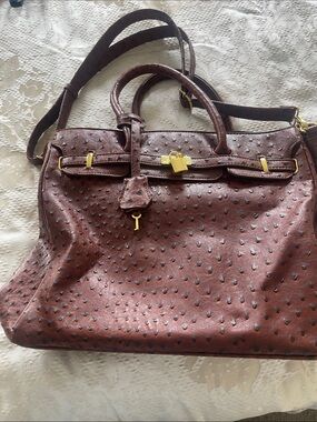 Textured Brown Ostrich-Style Satchel with Gold Lock Accent